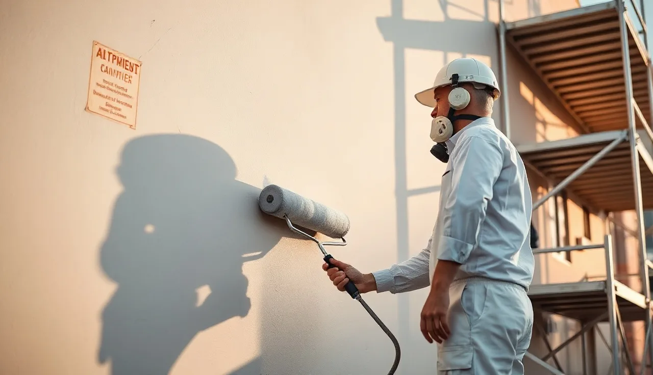 Painter in respirator applying paint on a commercial building exterior with scaffolding