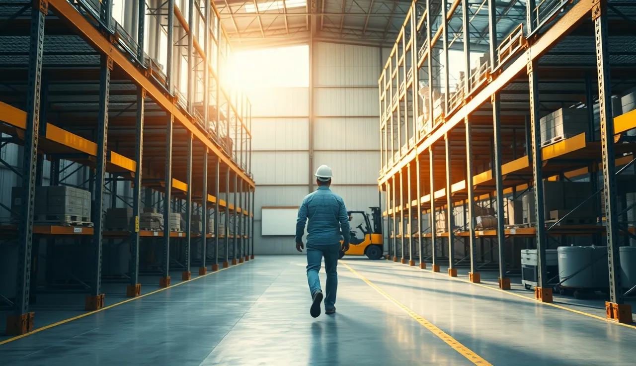 Worker in hard hat walking marked aisle in industrial warehouse with fall protection guardrails visible