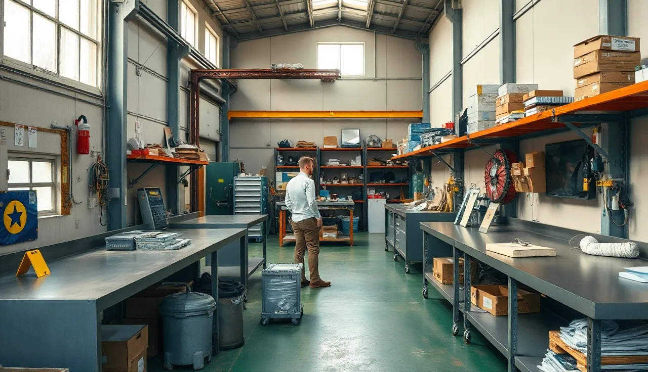 Empty small manufacturing floor with workbenches and safety equipment under natural light