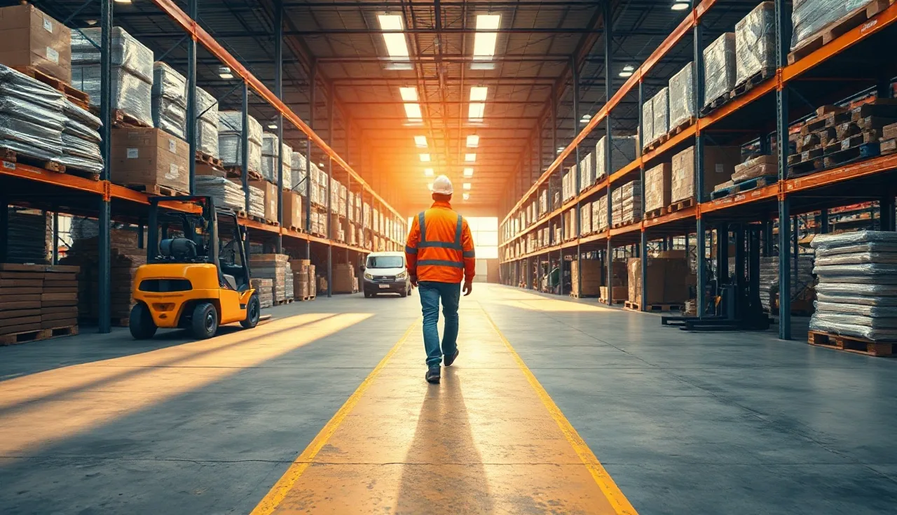 Warehouse worker in orange vest walking in marked pedestrian lane beside operating forklift