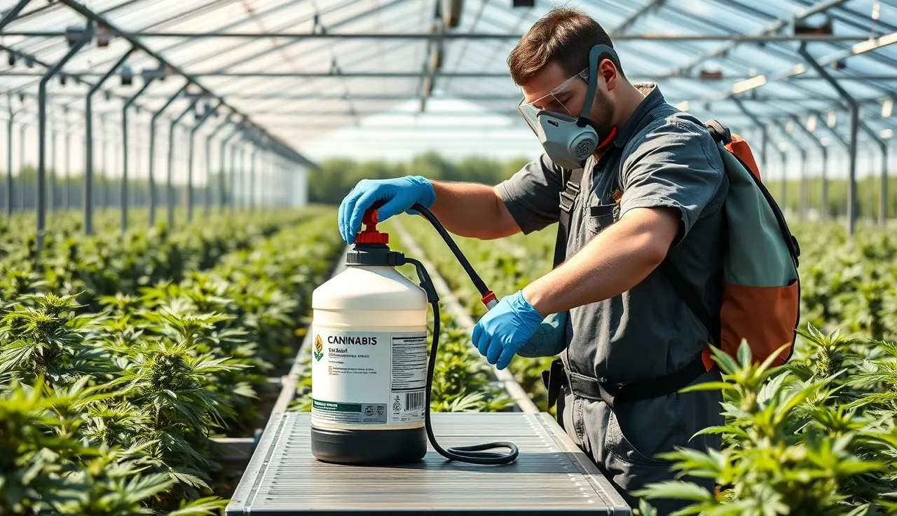 Cannabis greenhouse worker in respirator and gloves filling a pesticide sprayer