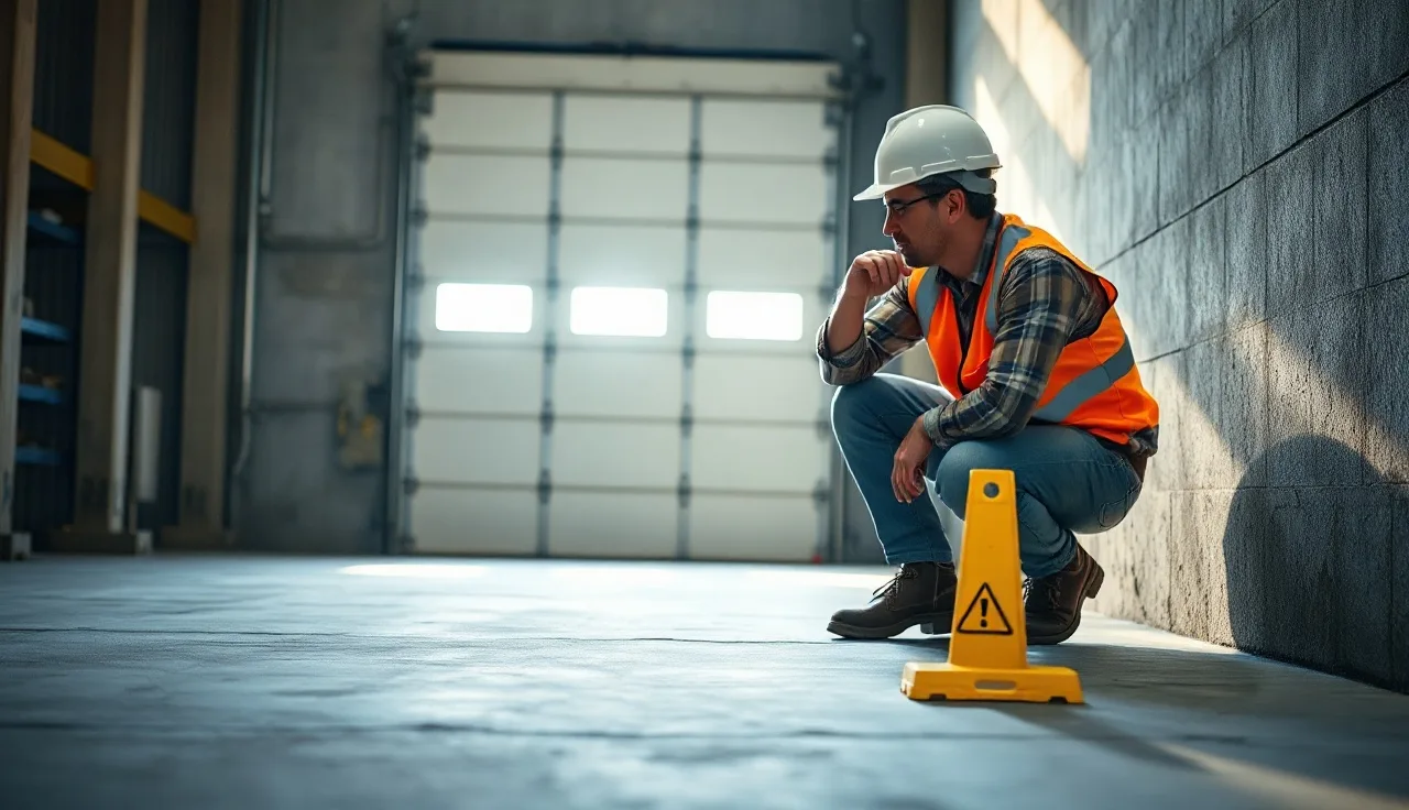 Construction worker identifying a tripping hazard on a job site floor