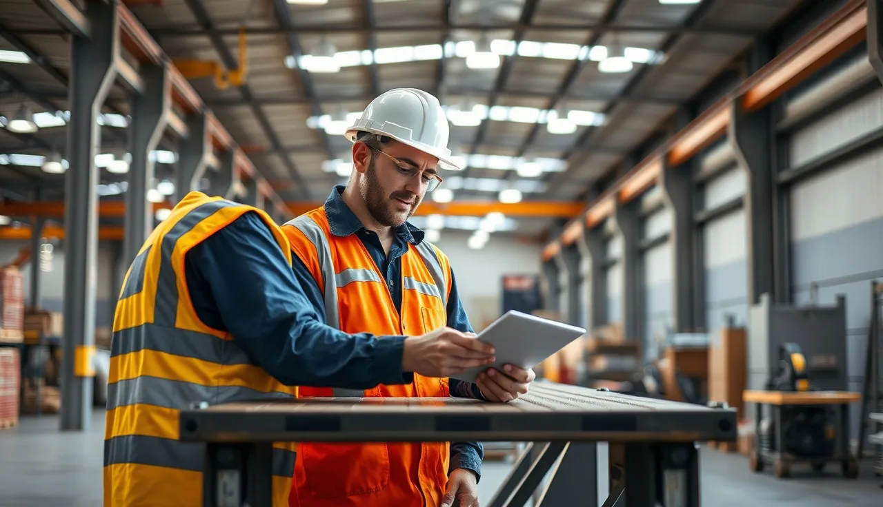 Supervisor and worker in hard hats reviewing safety documentation at a warehouse workbench