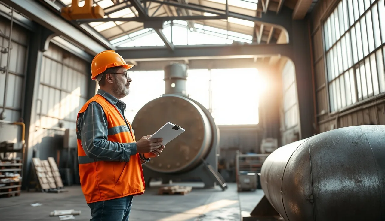 Worker reviewing permit checklist near industrial tank in small manufacturing plant