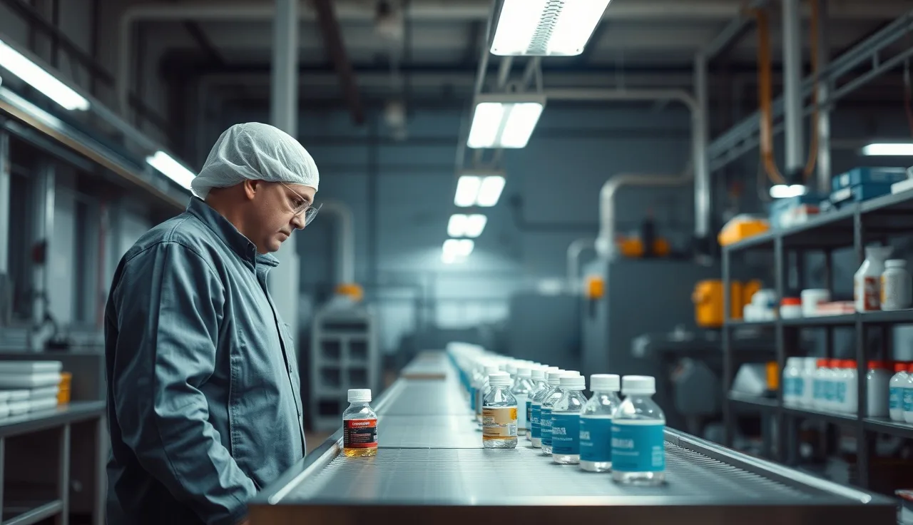 Worker examining chemical containers at a factory workbench for safety data sheet review