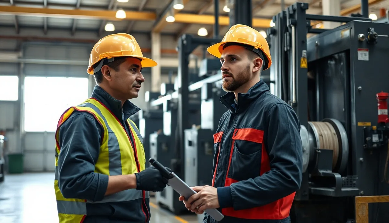 Supervisor and worker reviewing safety procedures on a manufacturing floor