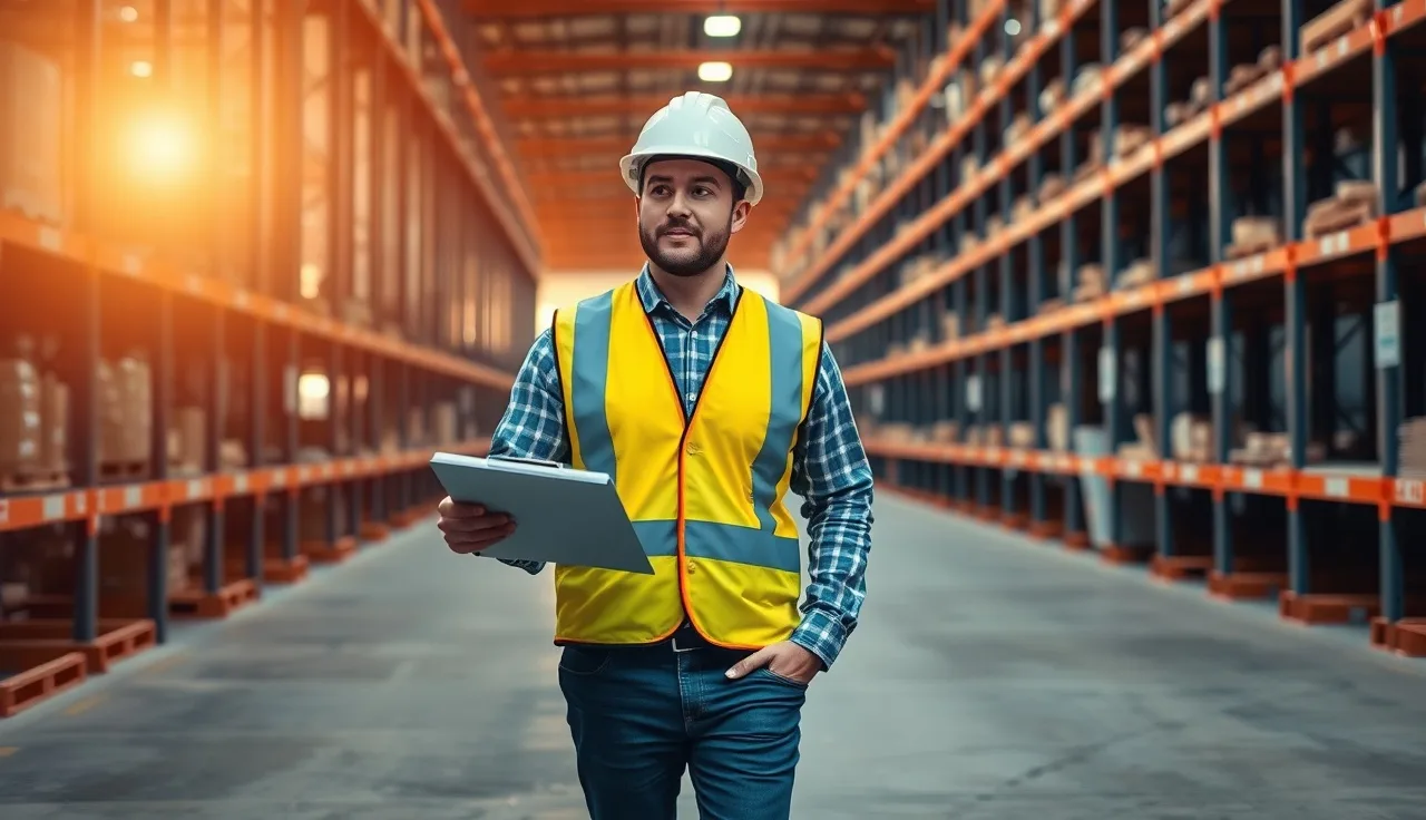 Safety manager conducting a workplace walkthrough inspection in a warehouse aisle