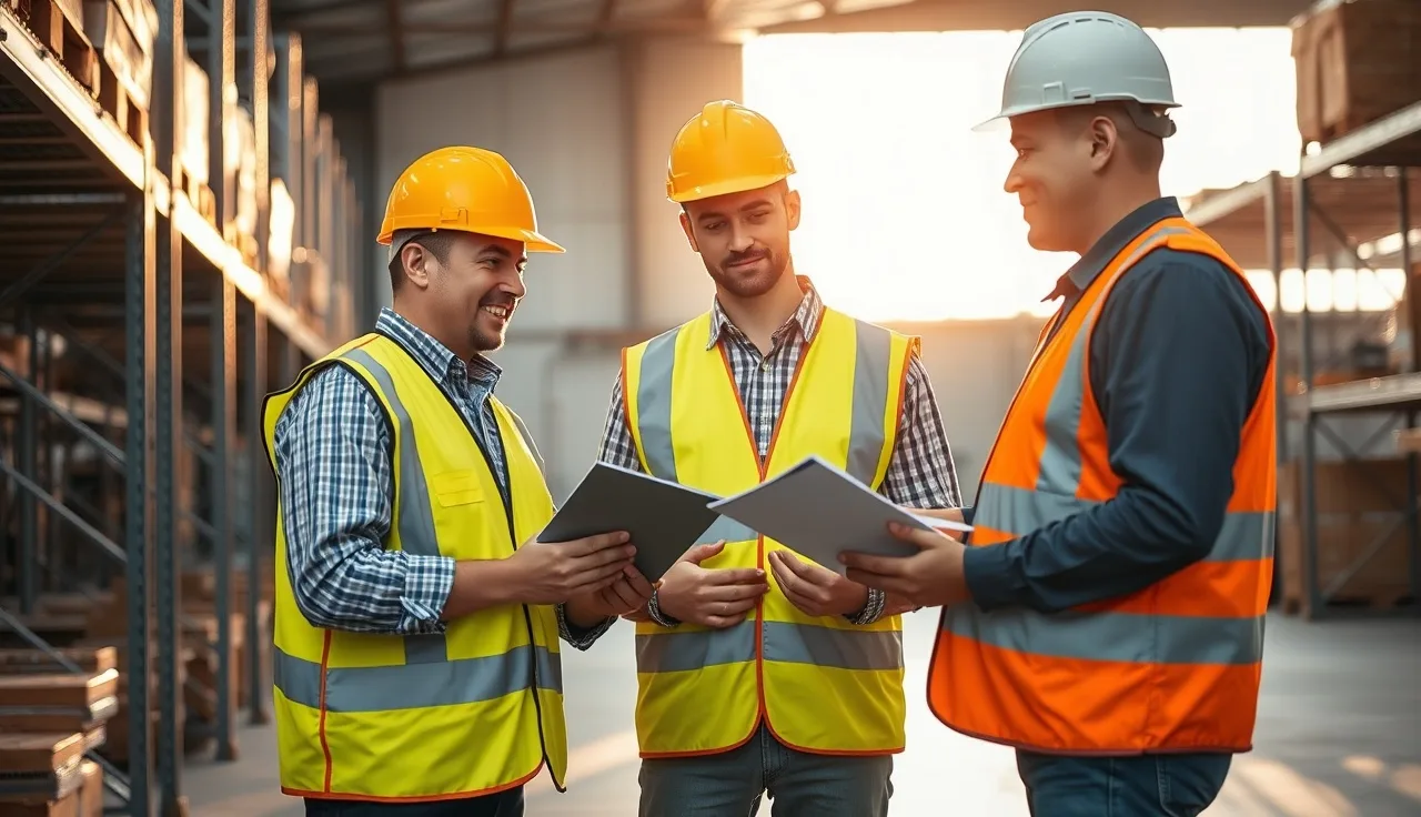 Warehouse supervisor and worker reviewing safety documentation near metal shelving