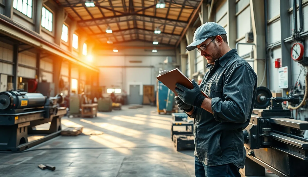 Manufacturing worker reviewing safety checklist near a lathe on a shop floor