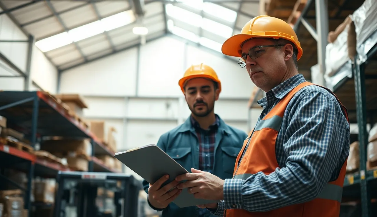 Supervisor reviewing safety inspection checklist on a warehouse floor
