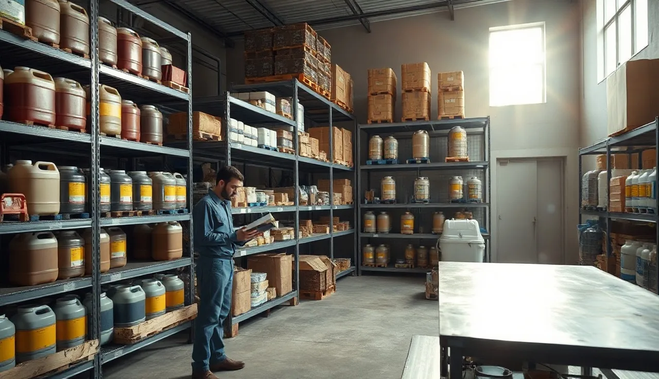 Worker reviewing chemical safety binder in organized industrial storage room