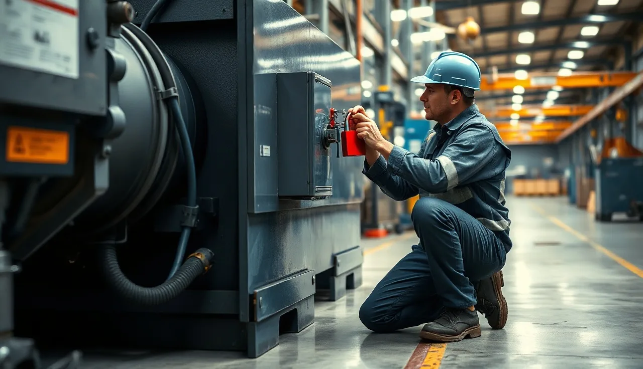 Maintenance worker applying a red padlock to a machine disconnect during lockout tagout