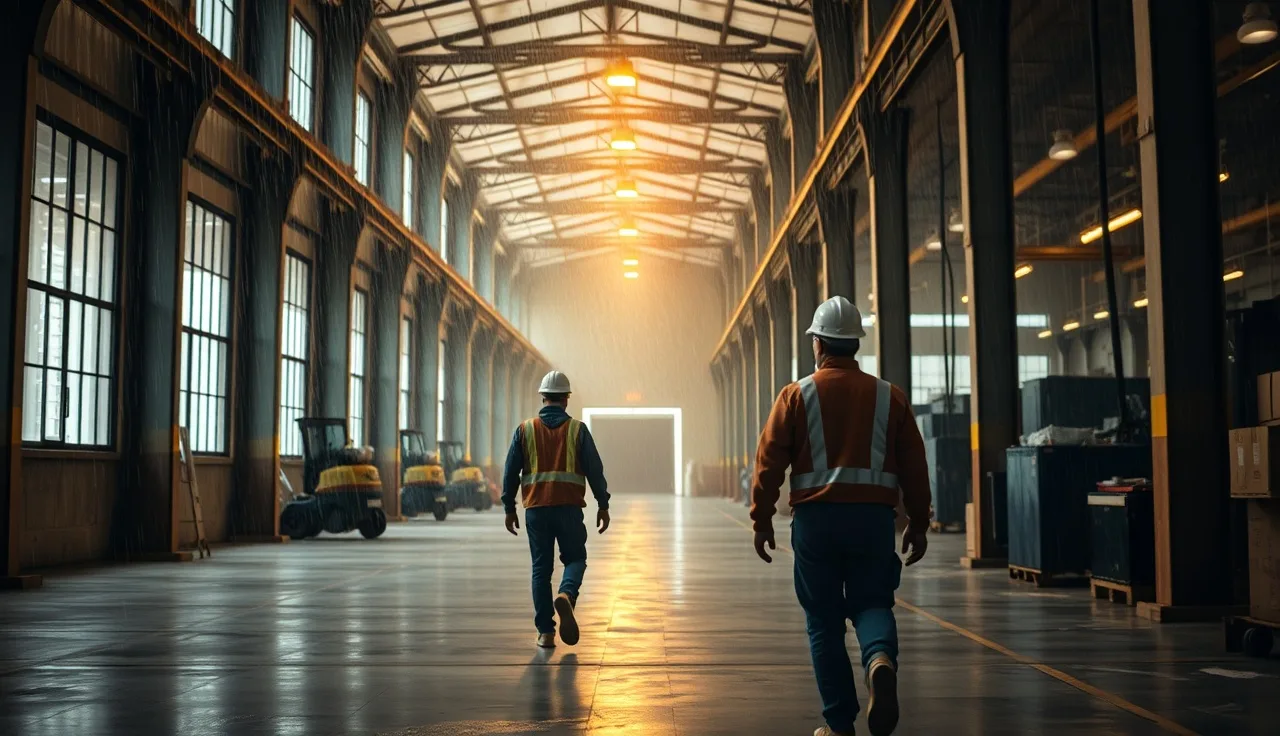 Workers sheltering in an interior hallway during severe weather in a small warehouse