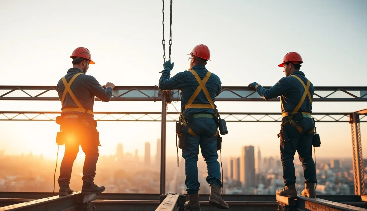 Ironworkers wearing fall protection harnesses connecting steel beams on a high-rise frame