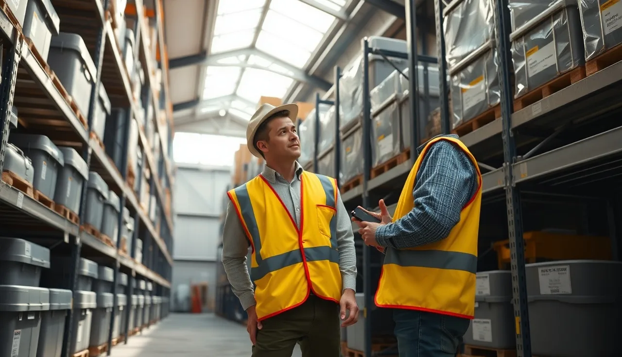 Warehouse worker inspecting chemical storage shelving under morning light