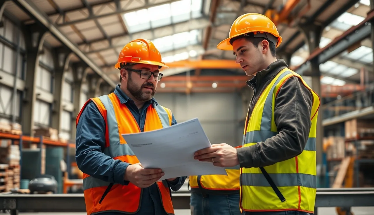 Foreman and worker reviewing a safety policy document at a warehouse workbench