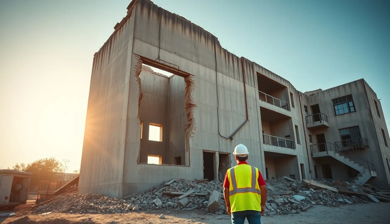 Two workers in hard hats surveying a partially demolished concrete building