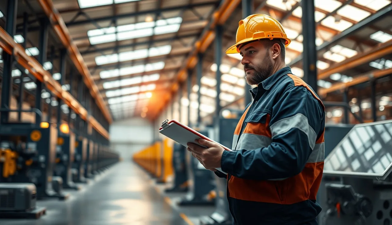 Supervisor reviewing written safety program documents on a warehouse floor
