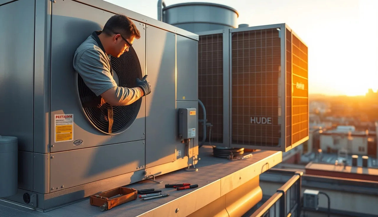 HVAC technician inspecting a rooftop air handler unit with tools nearby