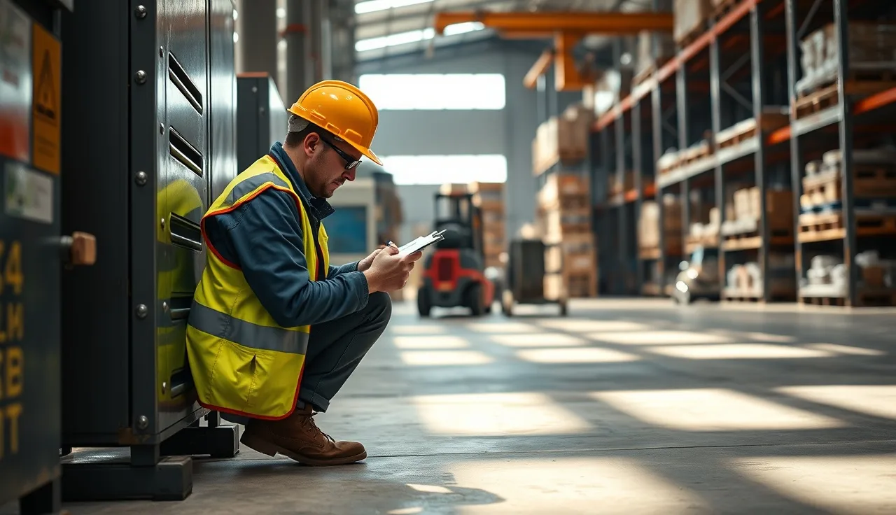 Worker conducting a safety inspection on industrial equipment in a warehouse