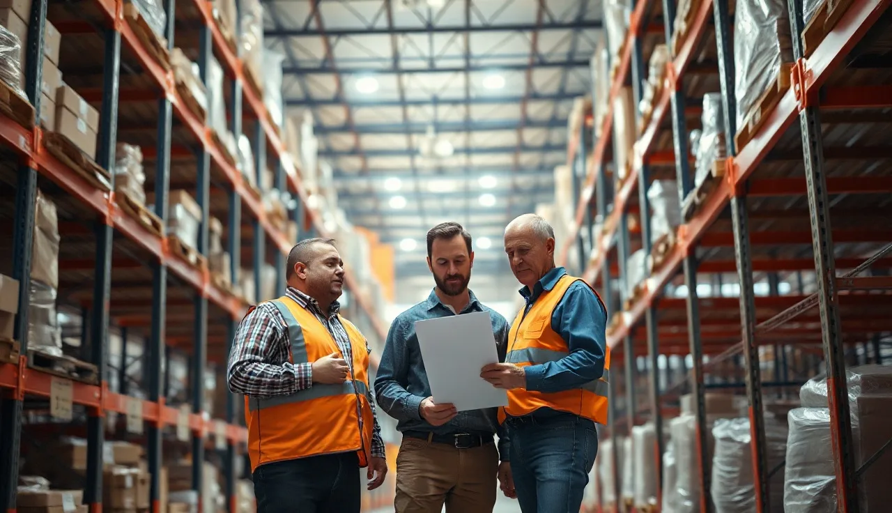 Warehouse supervisor and worker reviewing safety inspection checklist beside industrial shelving