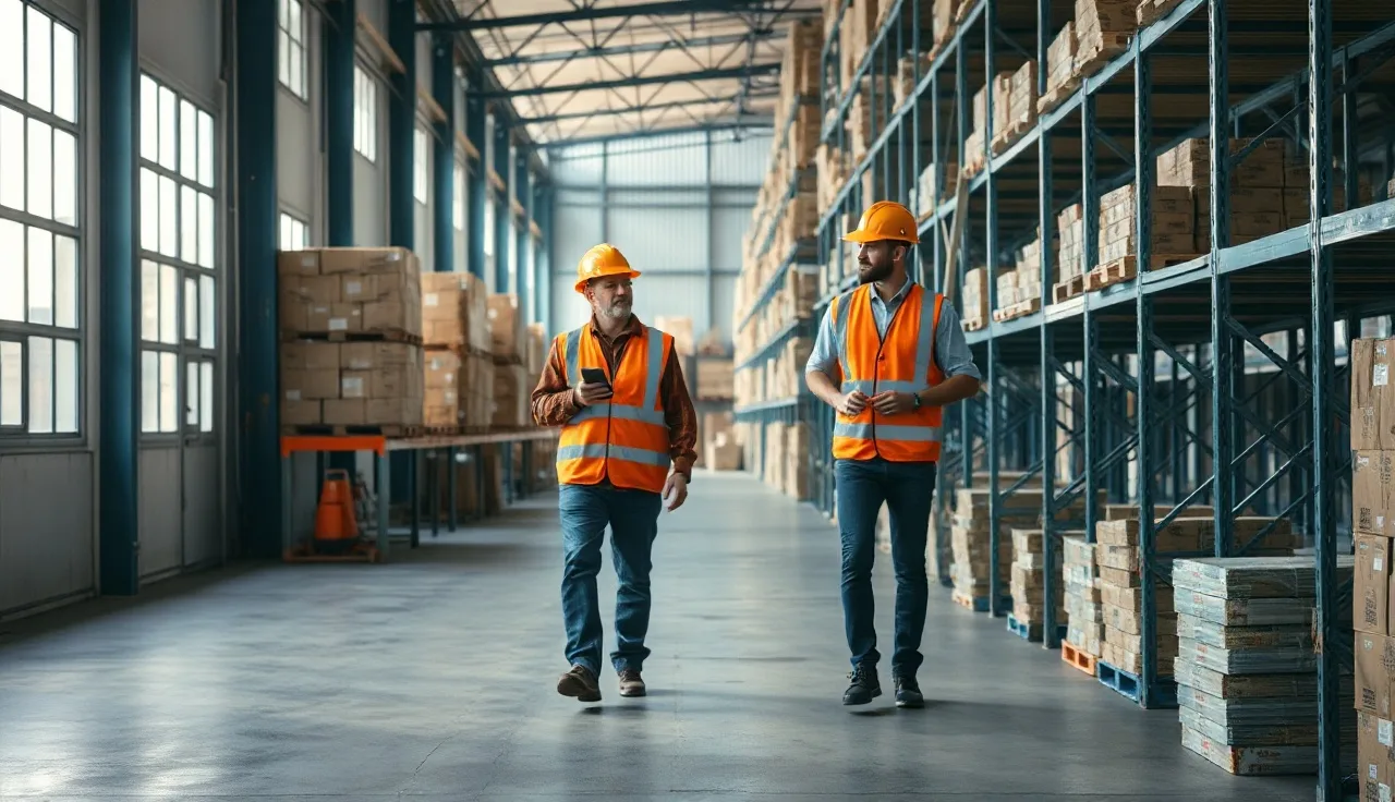 Supervisor and worker reviewing workplace conditions on a warehouse floor