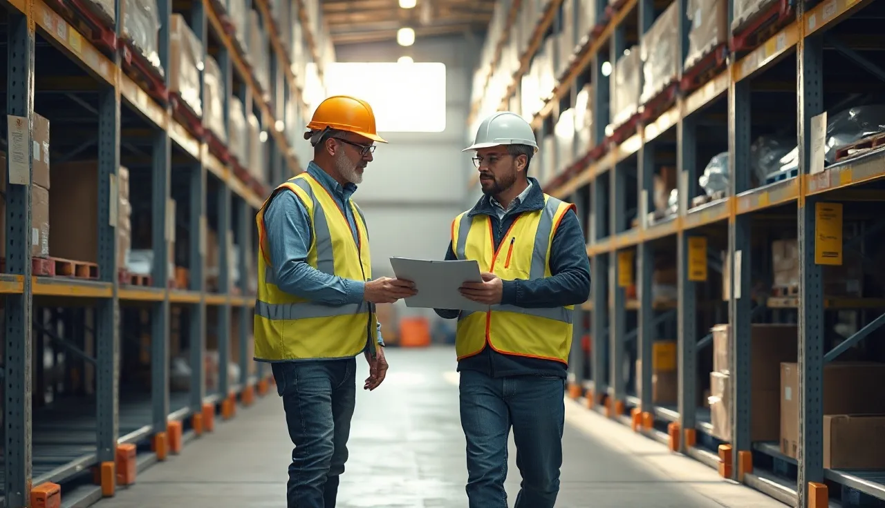 Supervisor and worker in safety gear reviewing workplace safety policy on a warehouse floor
