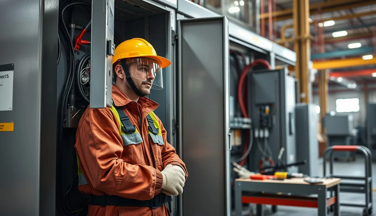 Electrician in arc-rated gear and face shield working on open industrial electrical panel
