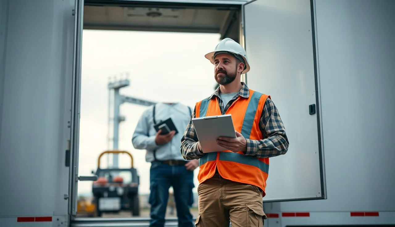 Supervisor with clipboard checking in a worker at a construction site entrance