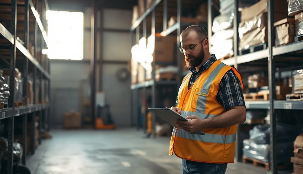 Warehouse supervisor reviewing safety documentation near industrial shelving and equipment